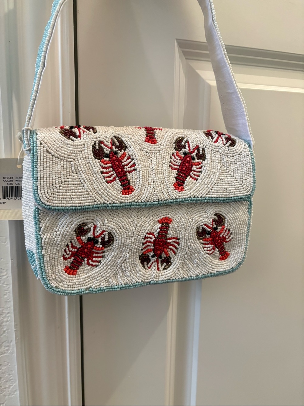 🦞❤️ THE VIRAL ❤️🦞 Beaded Shoulder Bag with Red Lobster Motif in White and Aqua